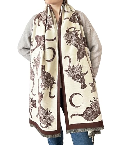 stylesilove Women Cute Cat Print Cashmere Scarf Warm Ultra Soft Fringe Scarves Shawl Neck Wraps for Autumn and Winter