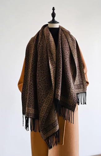 stylesilove Women Geometric Maze Print Cashmere Scarf with Fringe Ultra Soft Shawl Scarves Neck Wraps, 2 Colors