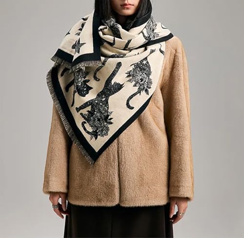 stylesilove Women Cute Cat Print Cashmere Scarf Warm Ultra Soft Fringe Scarves Shawl Neck Wraps for Autumn and Winter