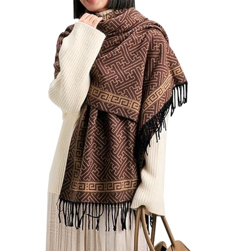 stylesilove Women Geometric Maze Print Cashmere Scarf with Fringe Ultra Soft Shawl Scarves Neck Wraps, 2 Colors