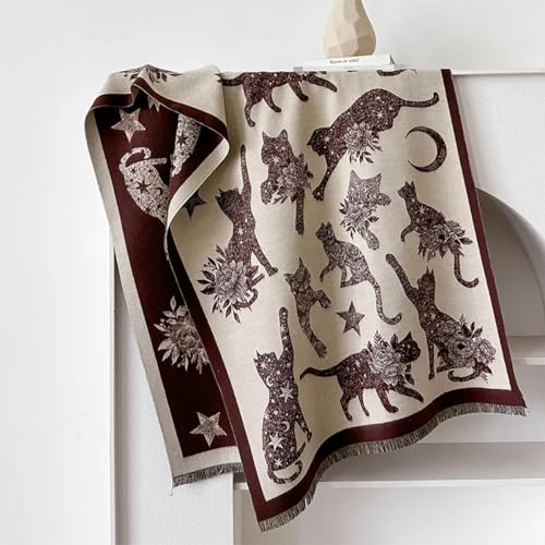stylesilove Women Cute Cat Print Cashmere Scarf Warm Ultra Soft Fringe Scarves Shawl Neck Wraps for Autumn and Winter
