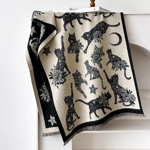 stylesilove Women Cute Cat Print Cashmere Scarf Warm Ultra Soft Fringe Scarves Shawl Neck Wraps for Autumn and Winter