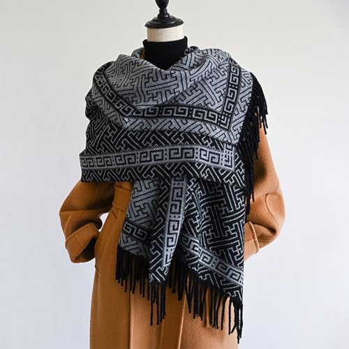 stylesilove Women Geometric Maze Print Cashmere Scarf with Fringe Ultra Soft Shawl Scarves Neck Wraps, 2 Colors