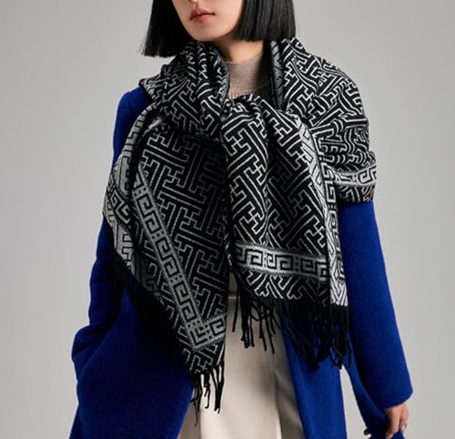 stylesilove Women Geometric Maze Print Cashmere Scarf with Fringe Ultra Soft Shawl Scarves Neck Wraps, 2 Colors