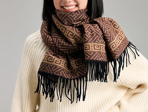 stylesilove Women Geometric Maze Print Cashmere Scarf with Fringe Ultra Soft Shawl Scarves Neck Wraps, 2 Colors