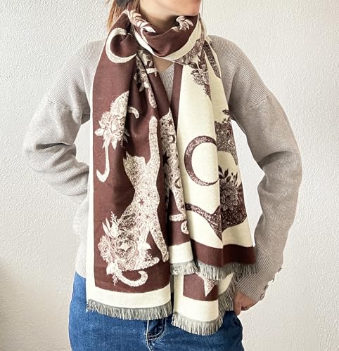 stylesilove Women Cute Cat Print Cashmere Scarf Warm Ultra Soft Fringe Scarves Shawl Neck Wraps for Autumn and Winter