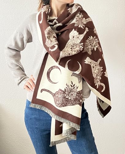 stylesilove Women Cute Cat Print Cashmere Scarf Warm Ultra Soft Fringe Scarves Shawl Neck Wraps for Autumn and Winter