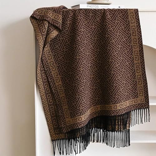 stylesilove Women Geometric Maze Print Cashmere Scarf with Fringe Ultra Soft Shawl Scarves Neck Wraps, 2 Colors