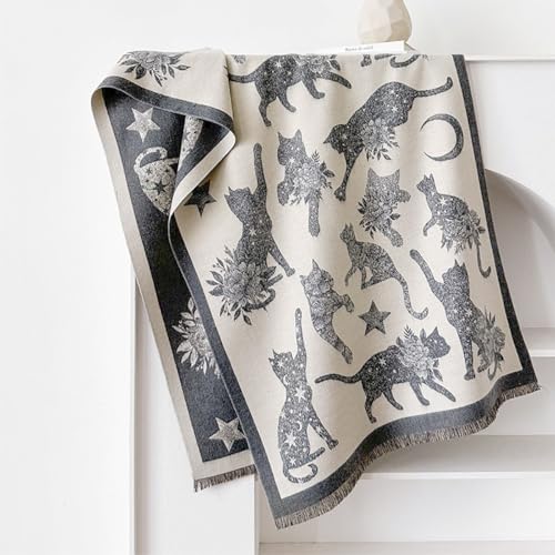 stylesilove Women Cute Cat Print Cashmere Scarf Warm Ultra Soft Fringe Scarves Shawl Neck Wraps for Autumn and Winter