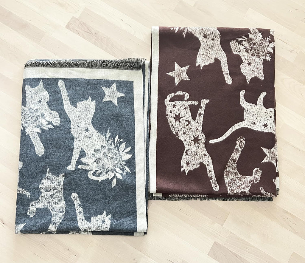stylesilove Women Cute Cat Print Cashmere Scarf Warm Ultra Soft Fringe Scarves Shawl Neck Wraps for Autumn and Winter