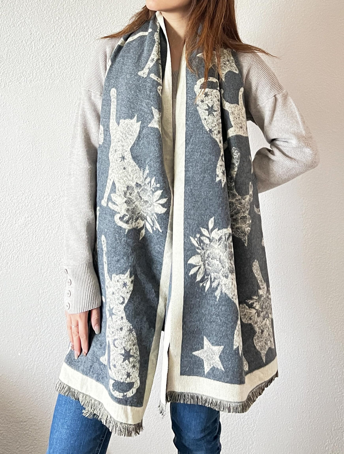 stylesilove Women Cute Cat Print Cashmere Scarf Warm Ultra Soft Fringe Scarves Shawl Neck Wraps for Autumn and Winter