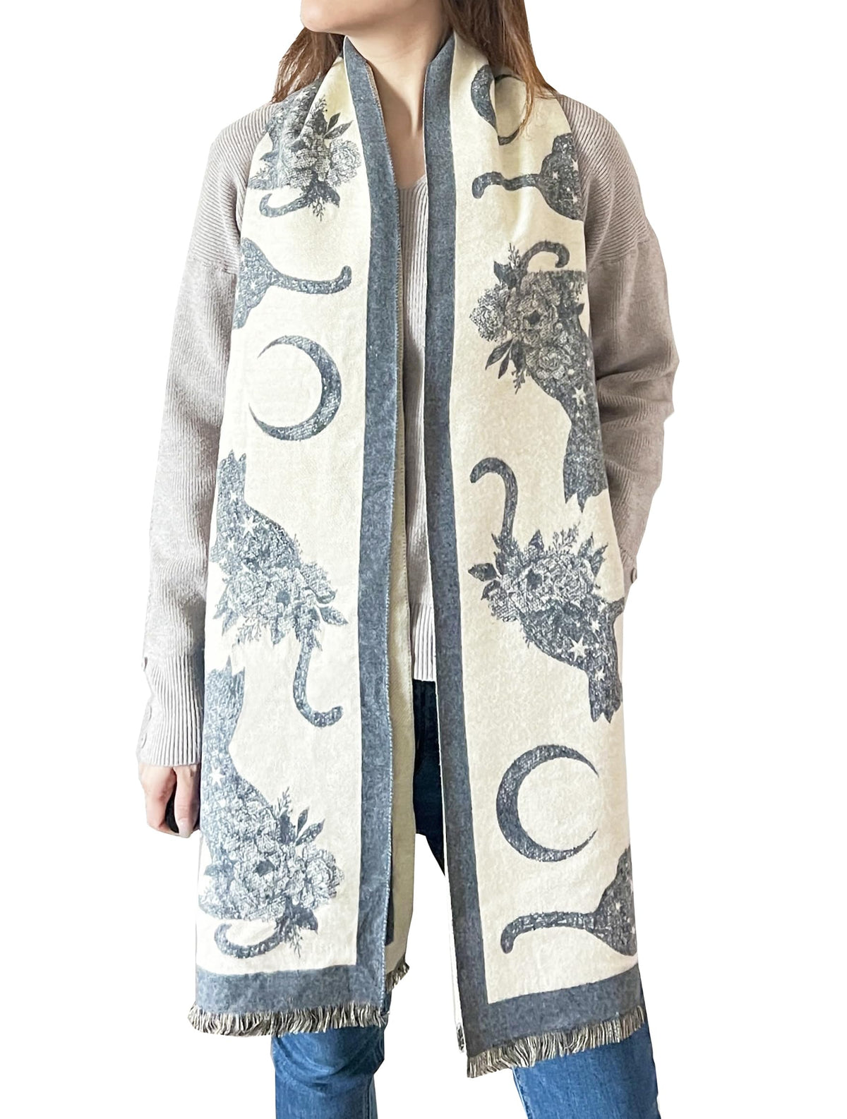stylesilove Women Cute Cat Print Cashmere Scarf Warm Ultra Soft Fringe Scarves Shawl Neck Wraps for Autumn and Winter