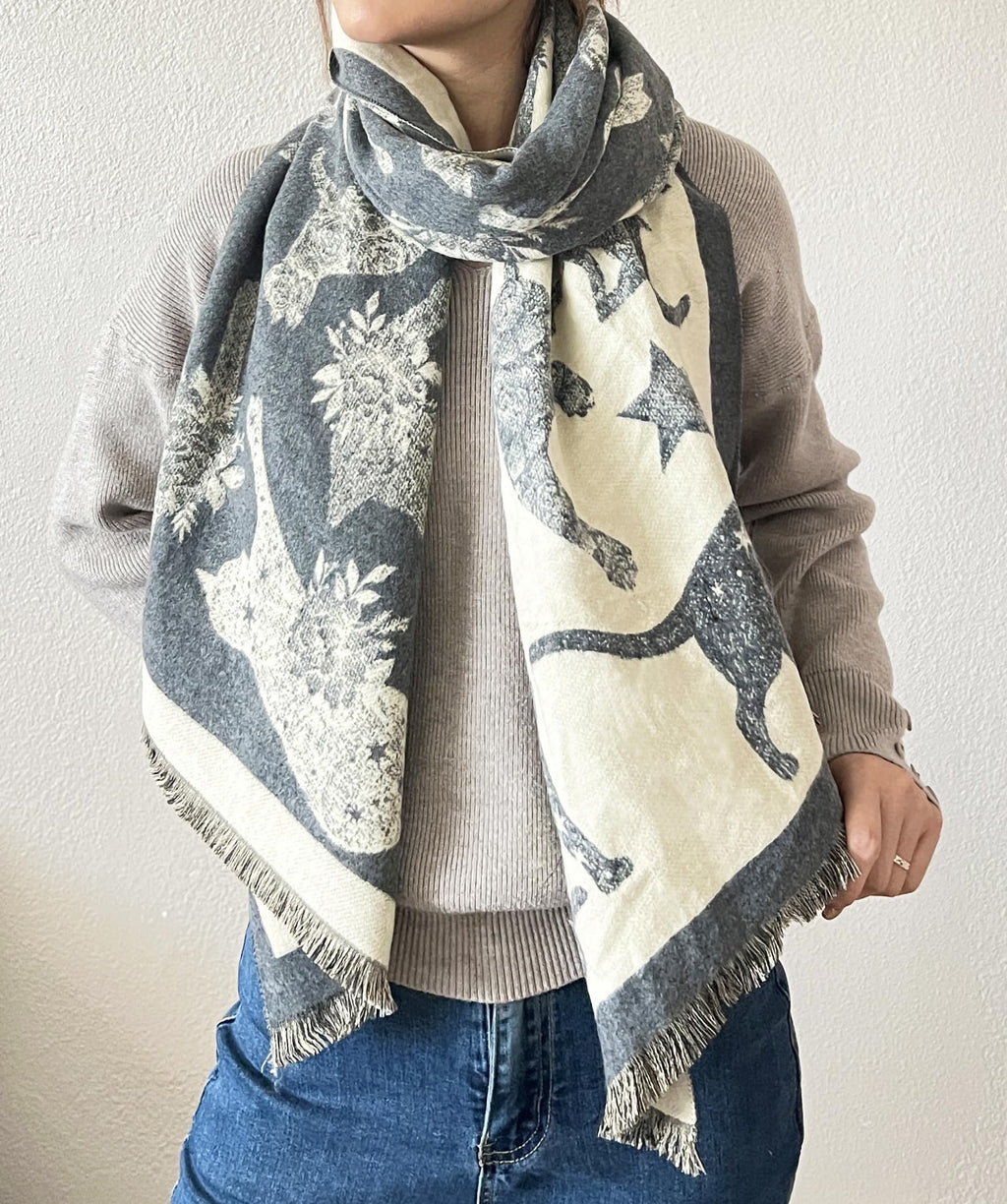 stylesilove Women Cute Cat Print Cashmere Scarf Warm Ultra Soft Fringe Scarves Shawl Neck Wraps for Autumn and Winter
