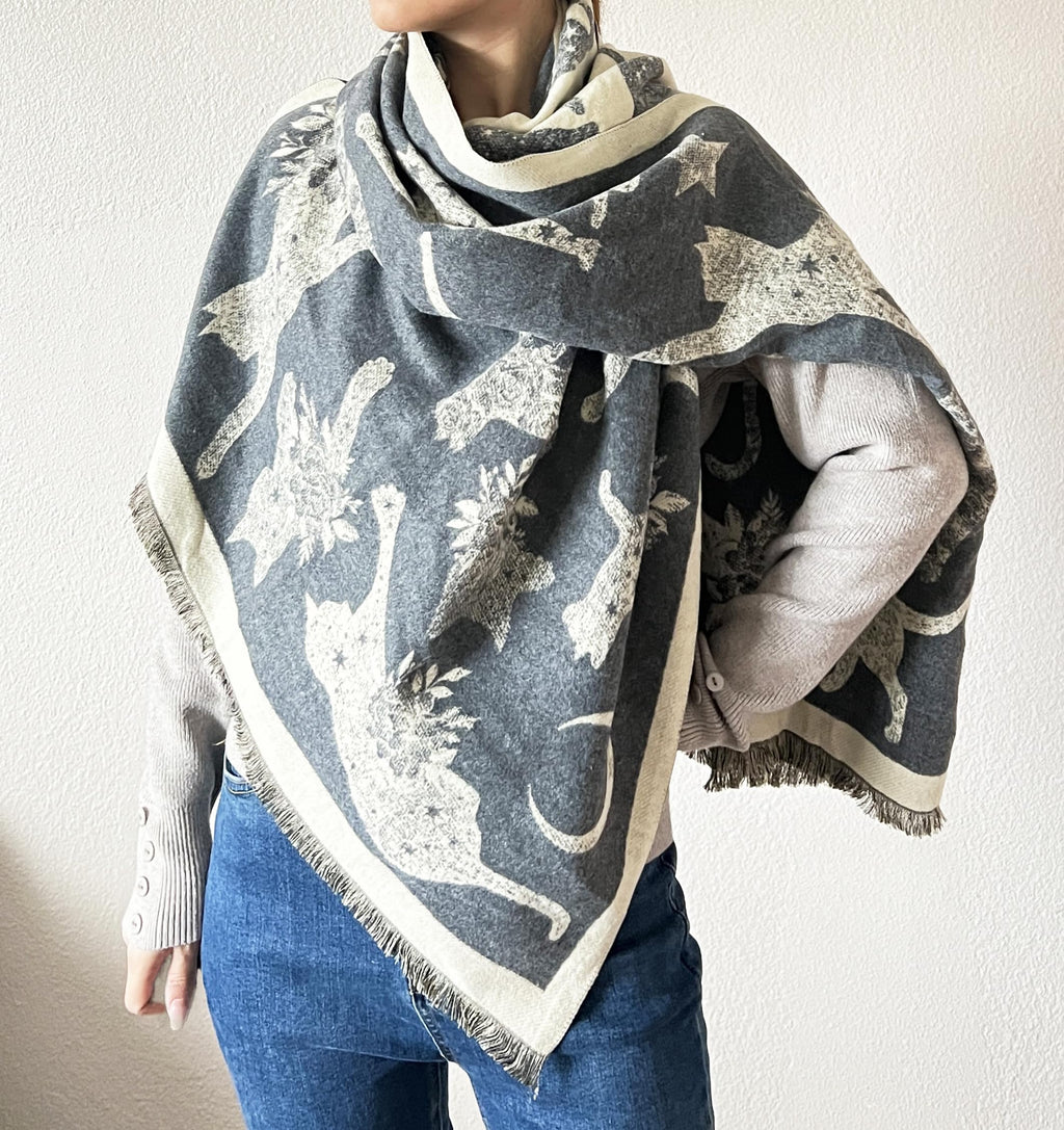 stylesilove Women Cute Cat Print Cashmere Scarf Warm Ultra Soft Fringe Scarves Shawl Neck Wraps for Autumn and Winter