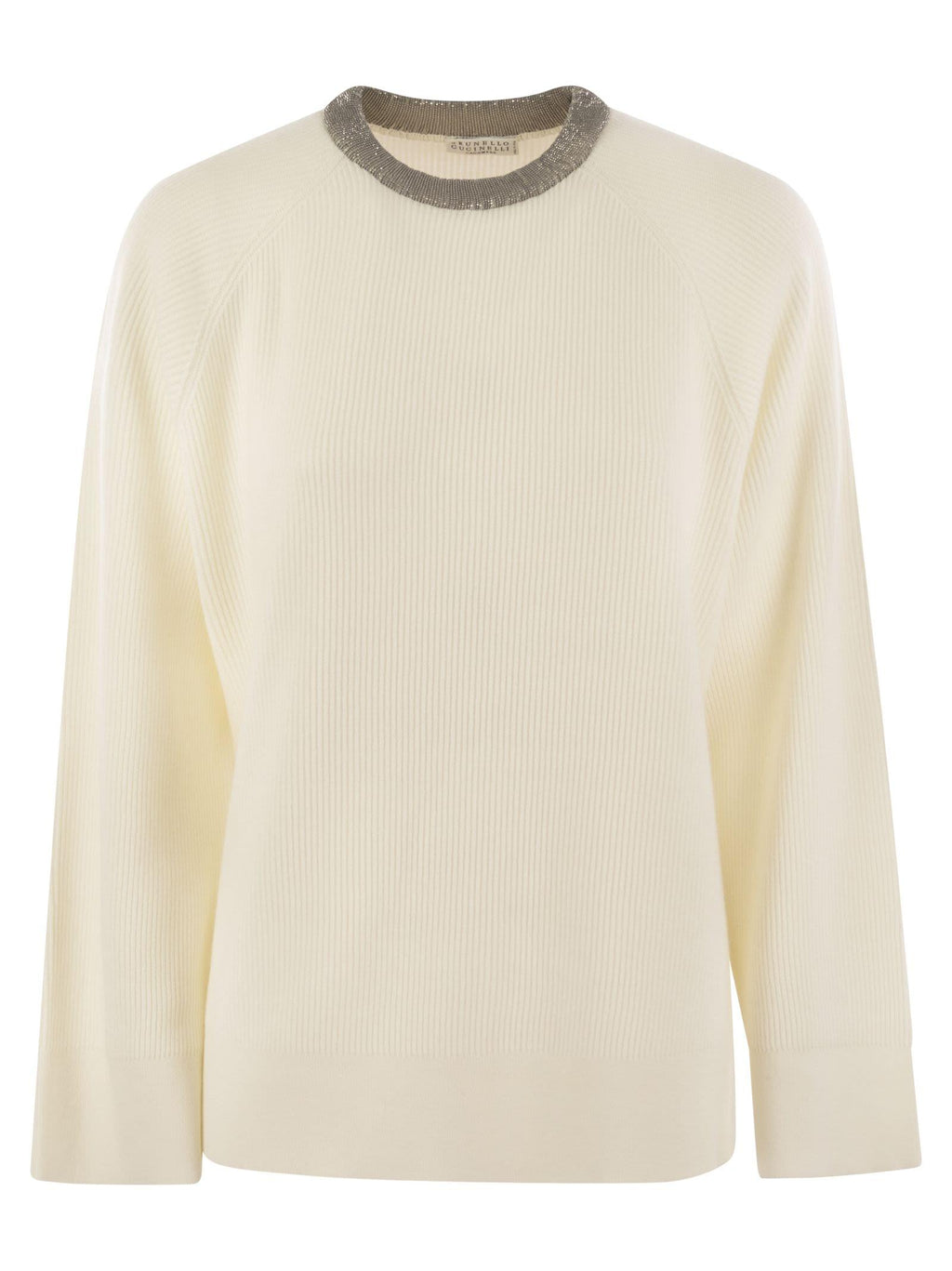 Brunello Cucinelli Women's Ribbed Cashmere Sweater with Jewel Necklace