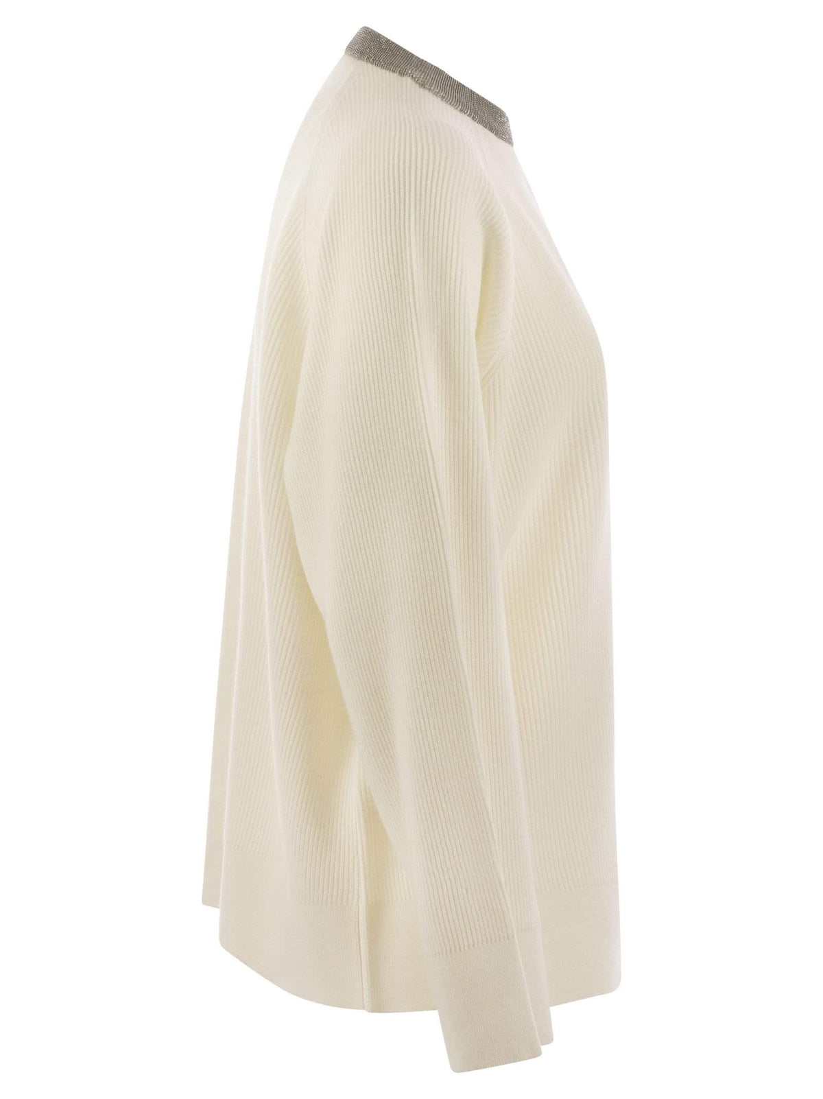 Brunello Cucinelli Women's Ribbed Cashmere Sweater with Jewel Necklace