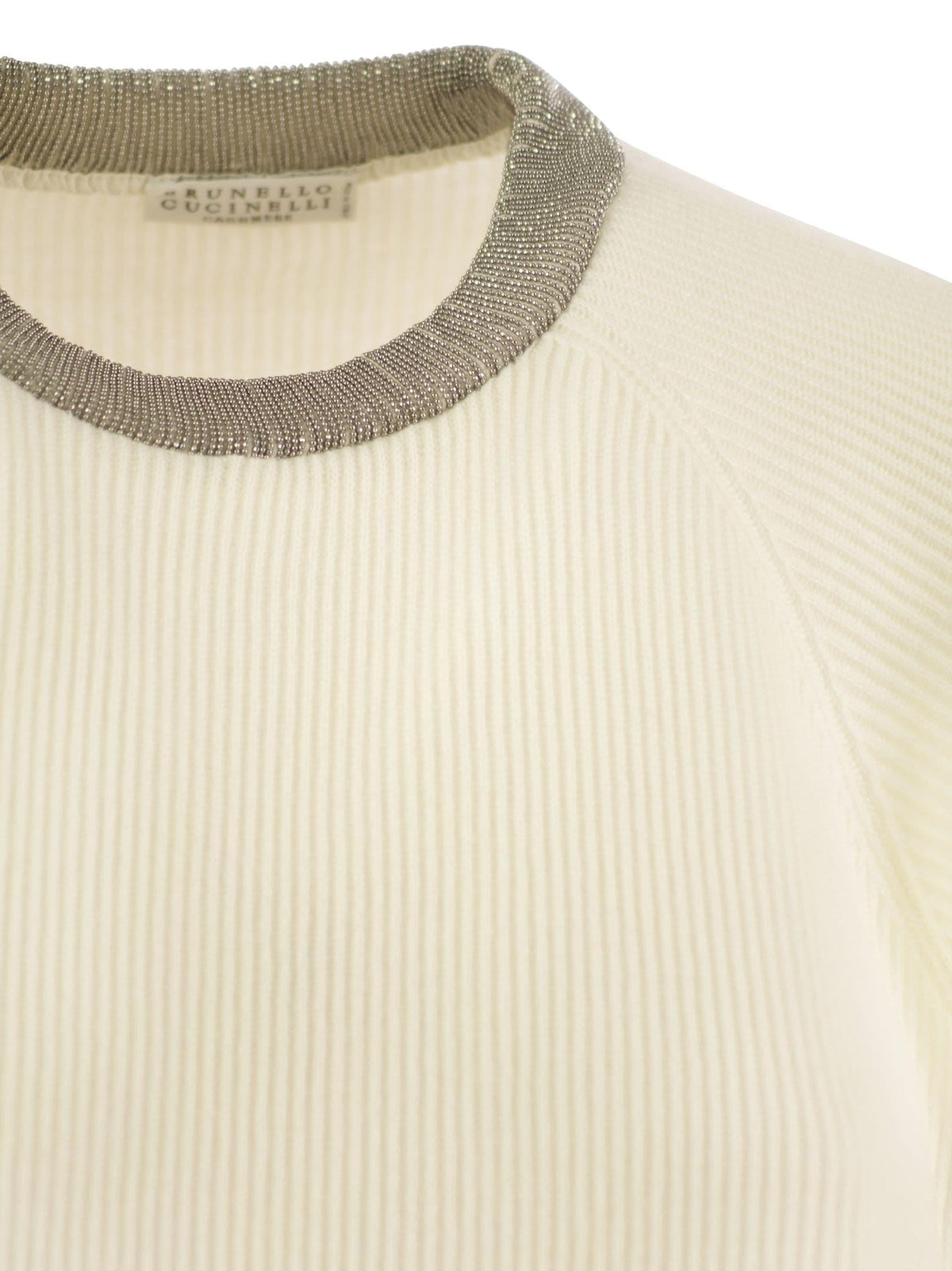 Brunello Cucinelli Women's Ribbed Cashmere Sweater with Jewel Necklace