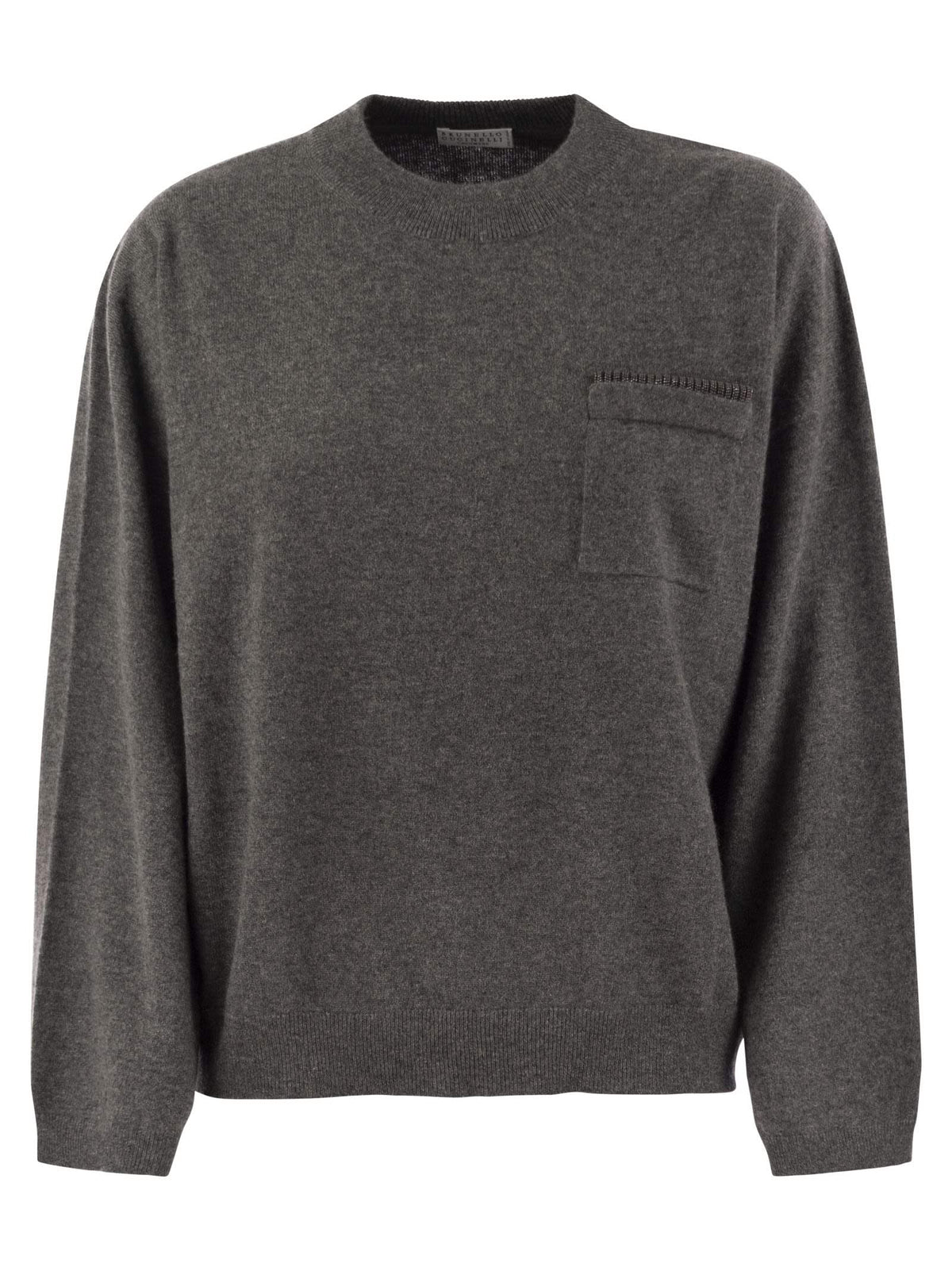 Brunello Cucinelli Women's Cashmere Sweater with Breast Pocket & Jewel Necklace