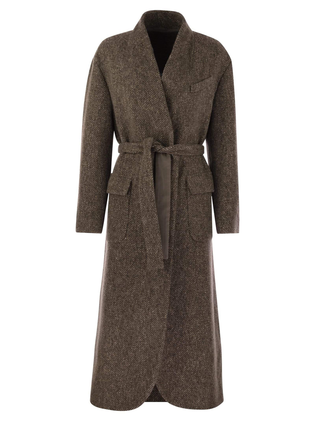 Brunello Cucinelli Women's Wool & Cashmere Diagonal Mélange Coat with Belt & Jewel