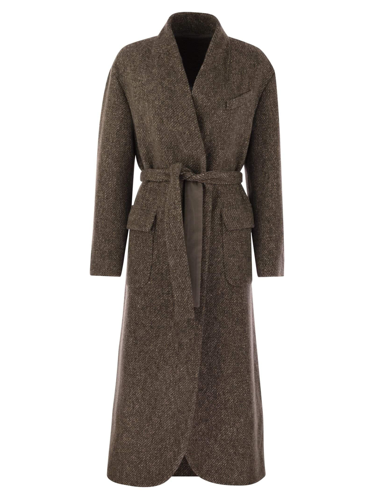 Brunello Cucinelli Women's Wool & Cashmere Diagonal Mélange Coat with Belt & Jewel