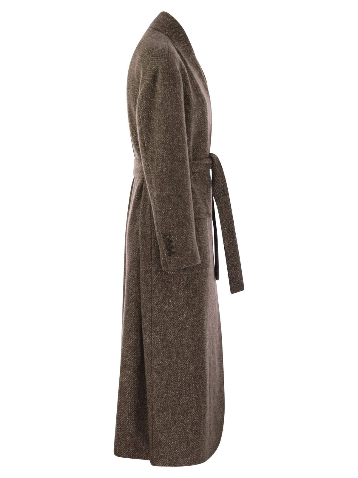 Brunello Cucinelli Women's Wool & Cashmere Diagonal Mélange Coat with Belt & Jewel