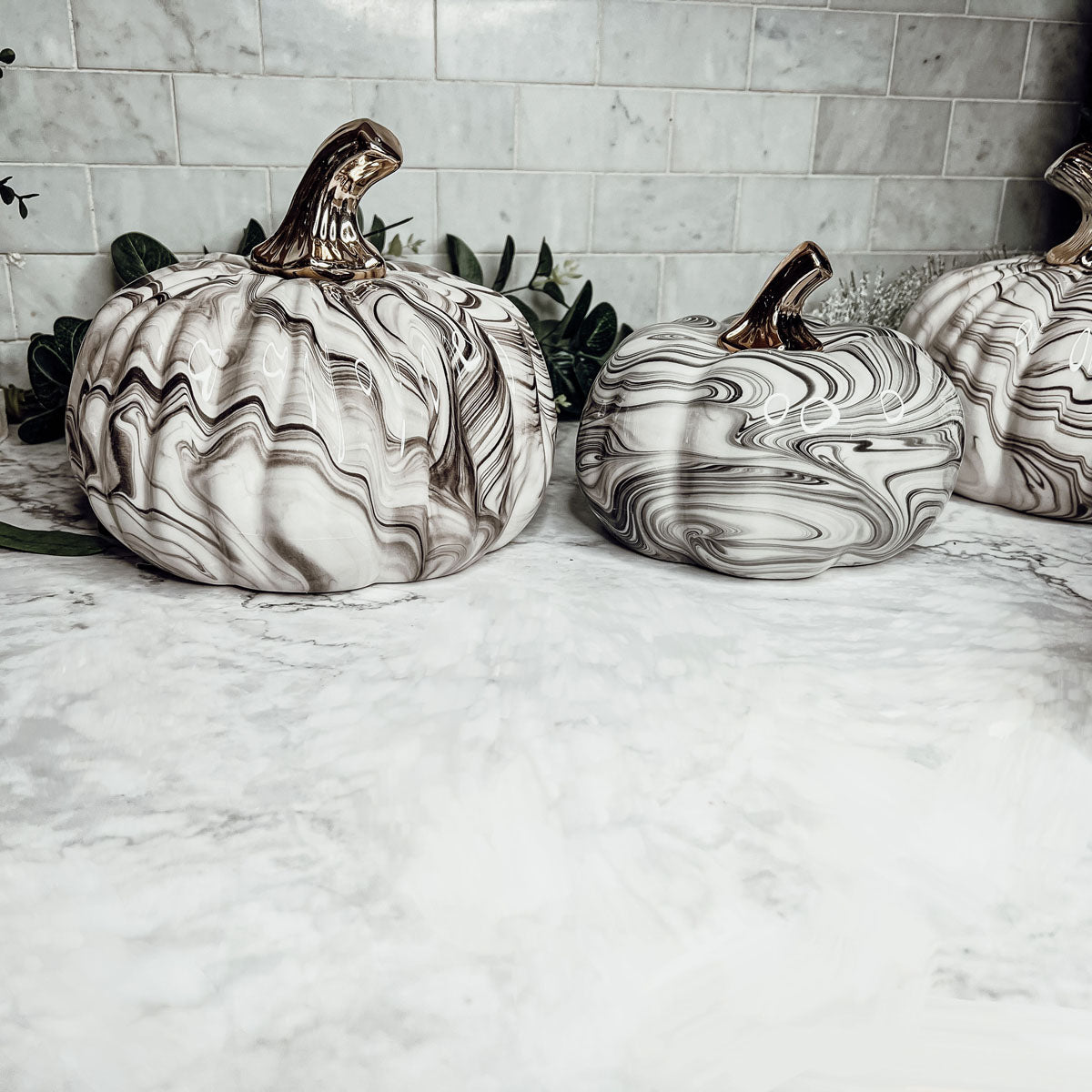 Black Marble Pumpkin Gold Stem Handcrafted Luxury Halloween Decor Accent