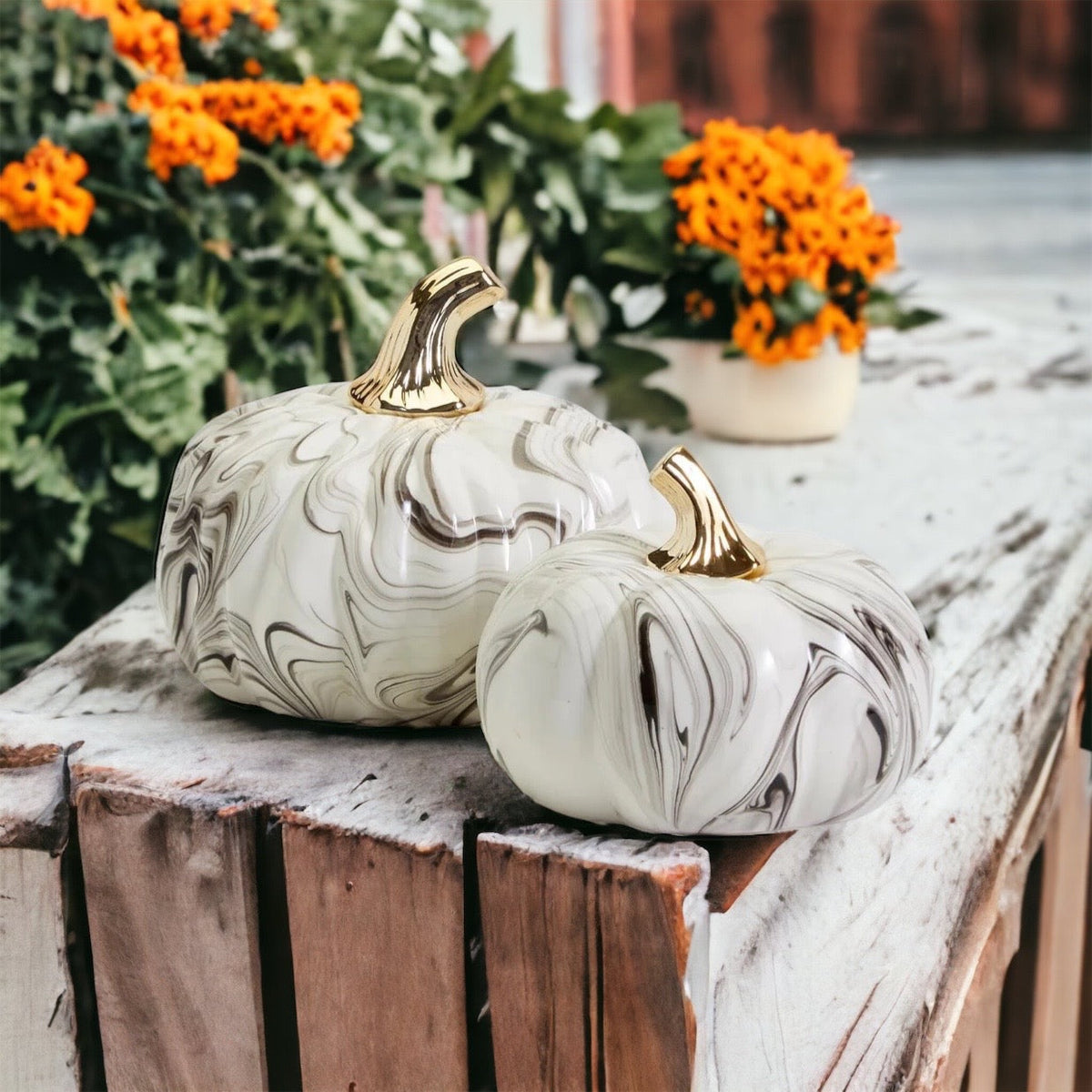 Black Marble Pumpkin Gold Stem Handcrafted Luxury Halloween Decor Accent