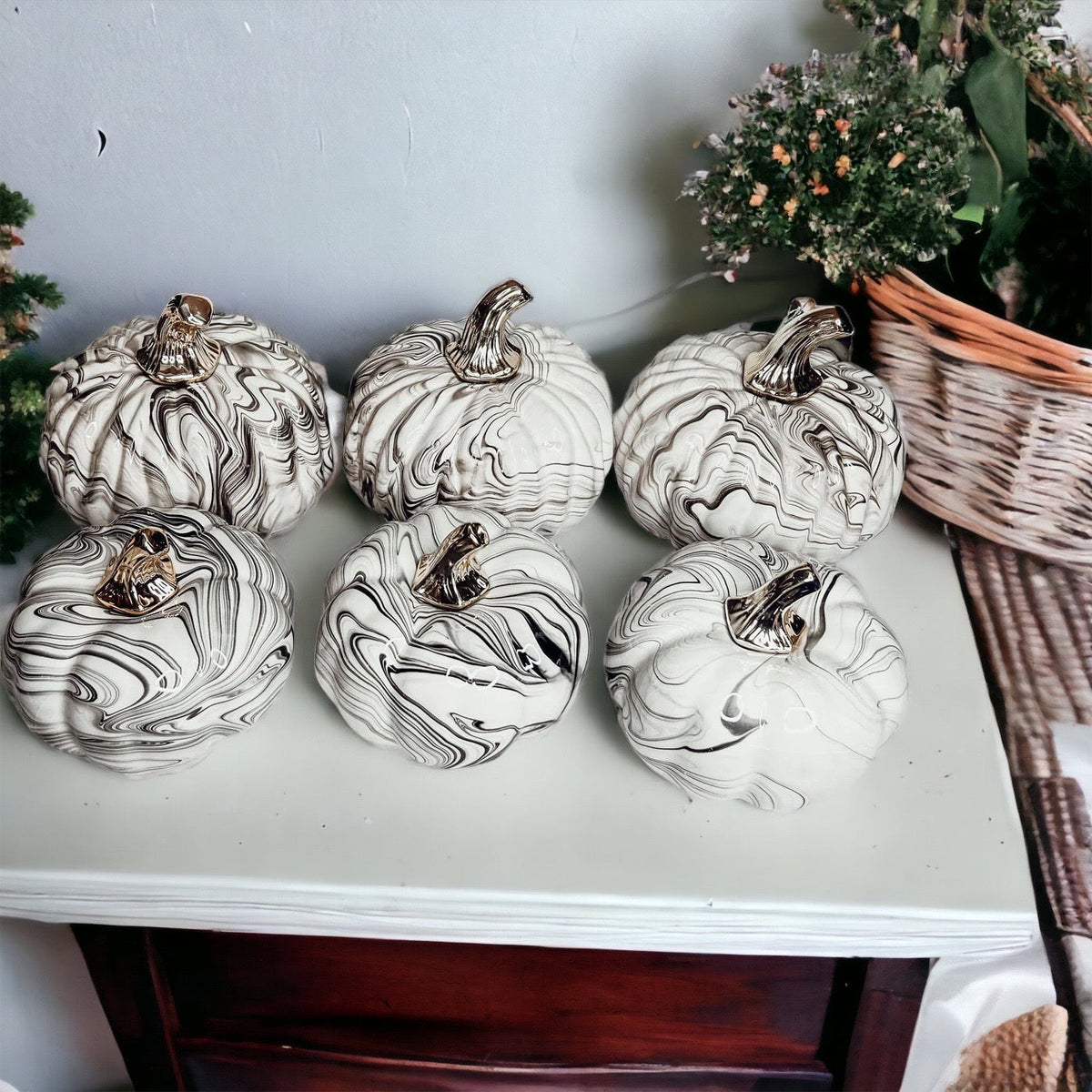 Black Marble Pumpkin Gold Stem Handcrafted Luxury Halloween Decor Accent