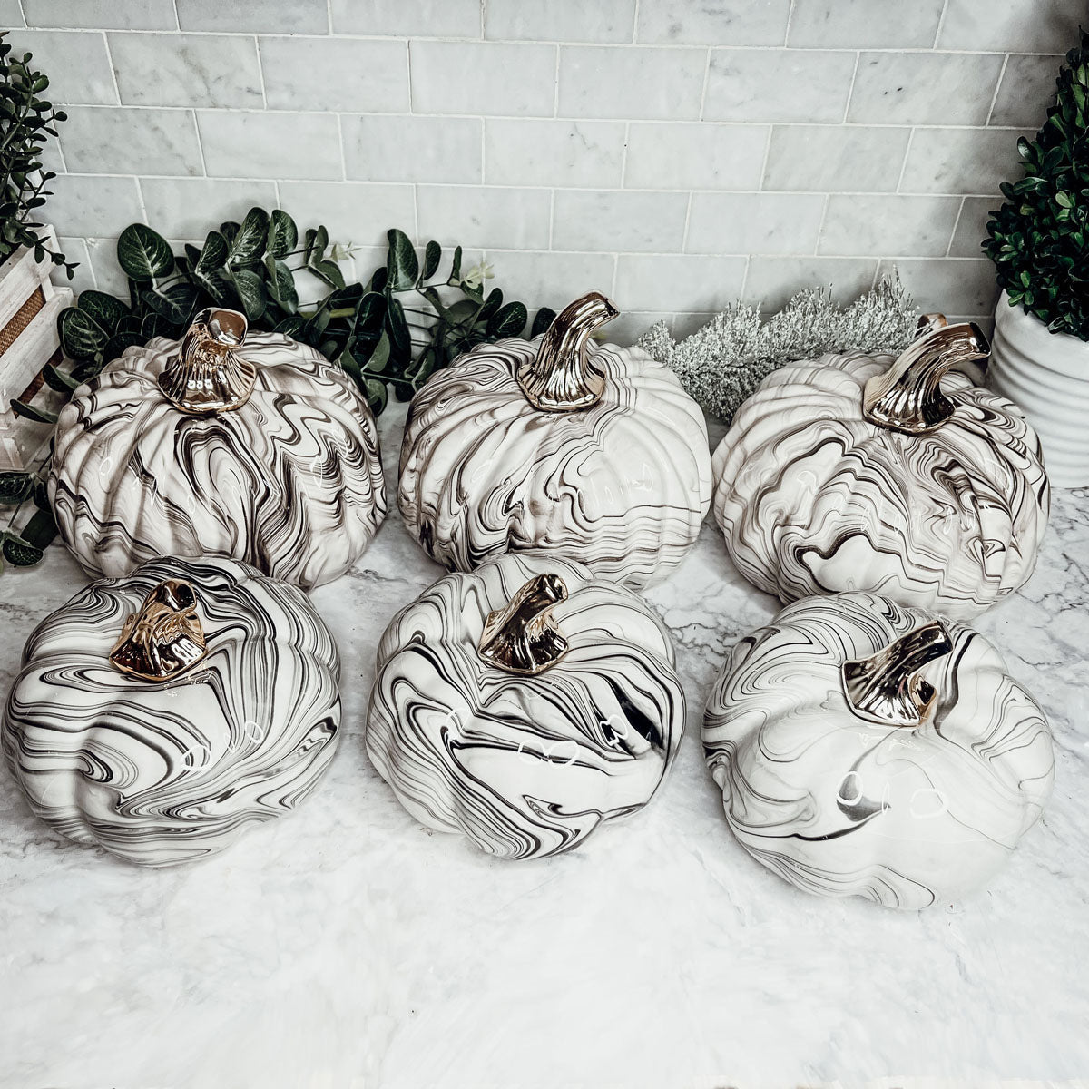 Black Marble Pumpkin Gold Stem Handcrafted Luxury Halloween Decor Accent