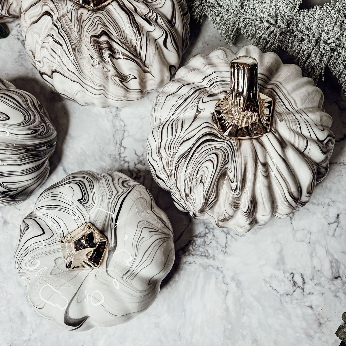 Black Marble Pumpkin Gold Stem Handcrafted Luxury Halloween Decor Accent