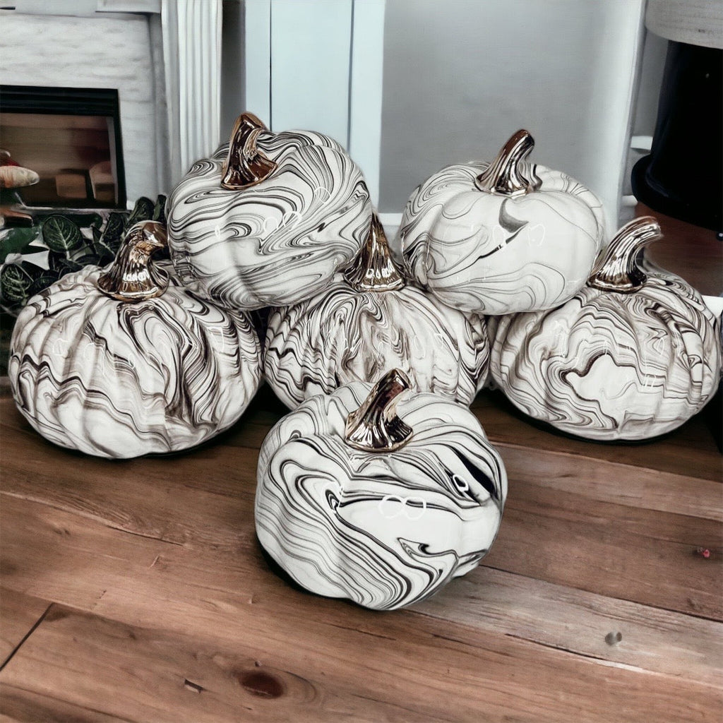 Black Marble Pumpkin Gold Stem Handcrafted Luxury Halloween Decor Accent